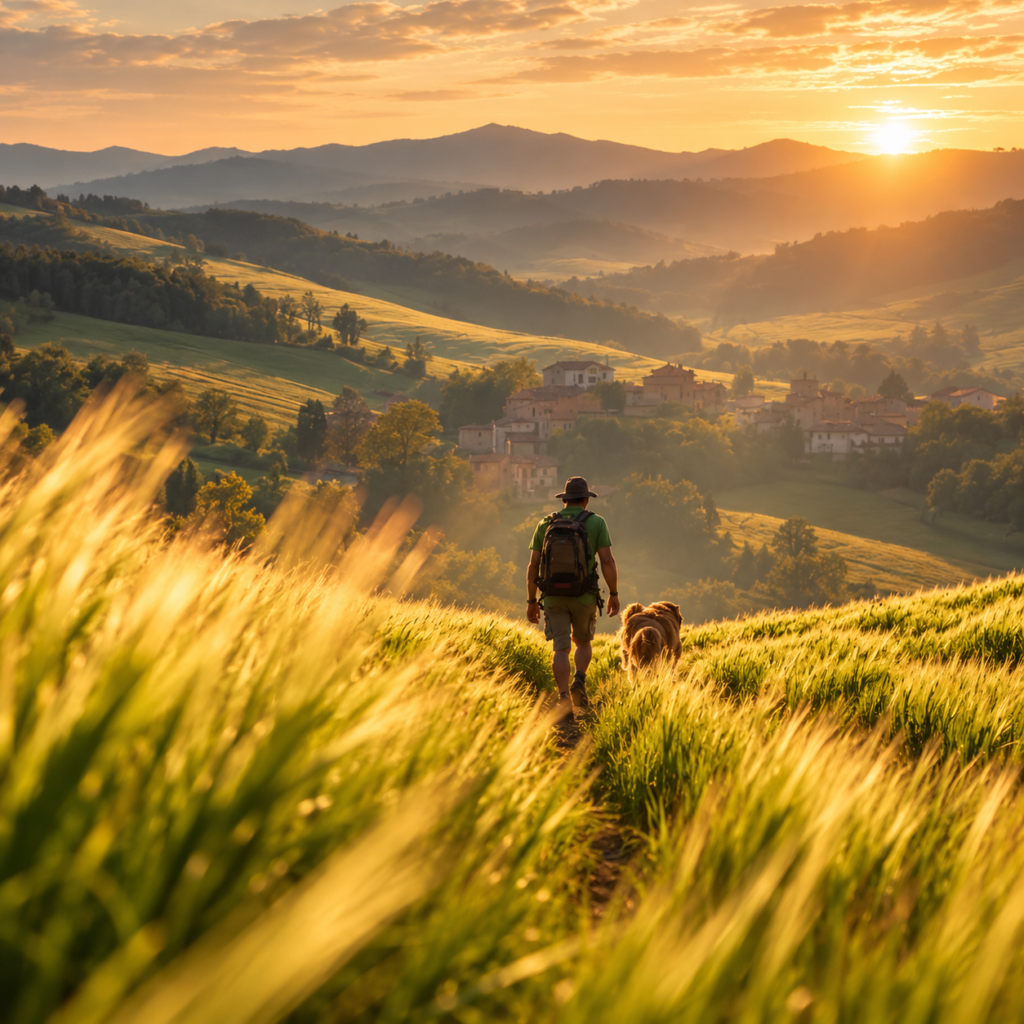 Sentiero dorato nella valle al tramonto